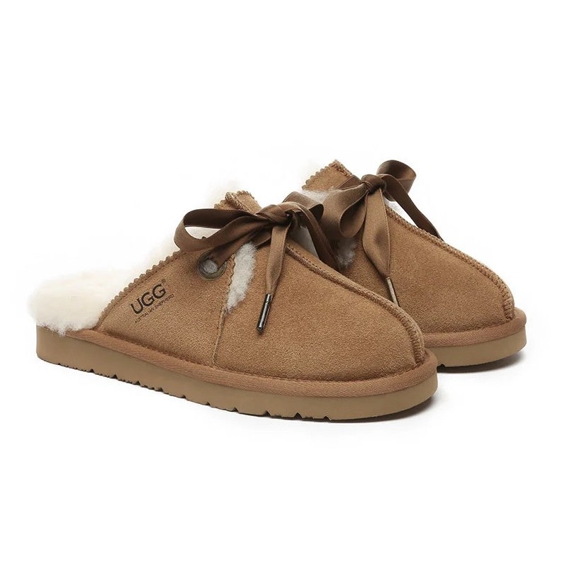 UGG Femme Chaussons en peau lainée avec nœud réglable Châtaigne