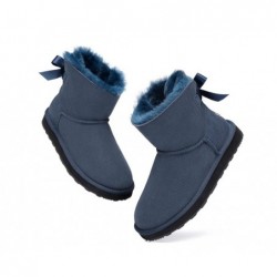 Bottes UGG pour femmes en laine de mouton double face avec mini nœud au dos, bleu marine