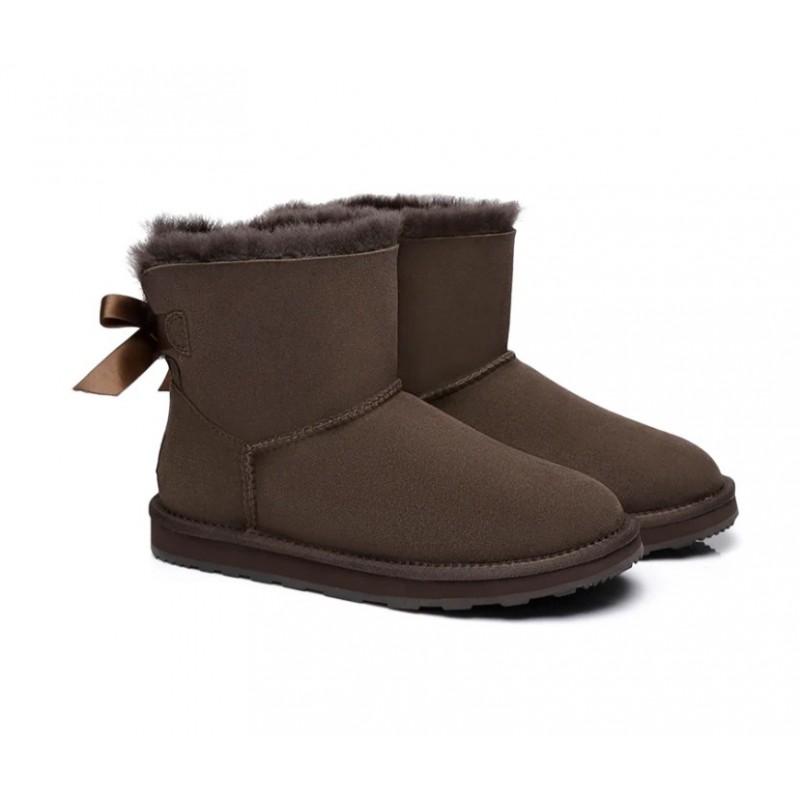 UGG pour femmes en peau de mouton double face et laine avec mini nœud arrière,Chocolat