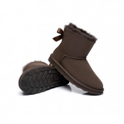 UGG pour femmes en peau de mouton double face et laine avec mini nœud arrière,Chocolat