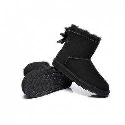 UGG pour femmes en peau de mouton double face et laine avec mini nœud arrière,Noir