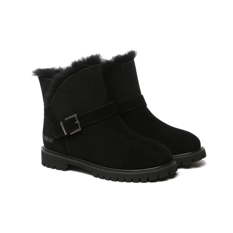 UGG pour femmes en peau de mouton et laine avec boucle décorative,Noir