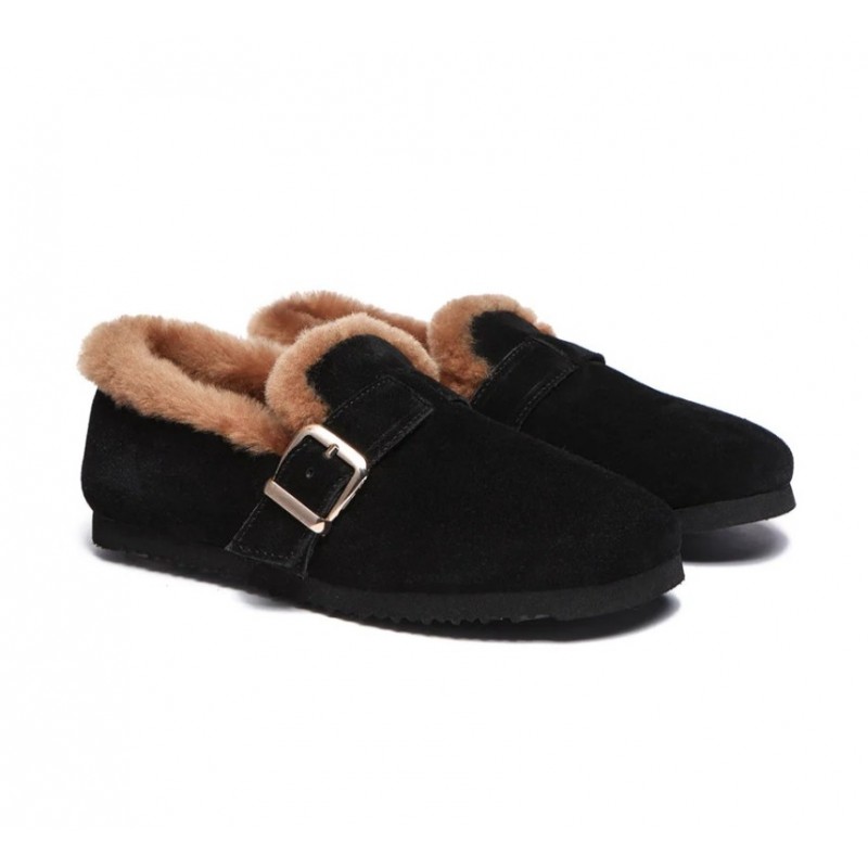 Chaussons UGG pour femmes en daim doublé de peau de mouton,Noir